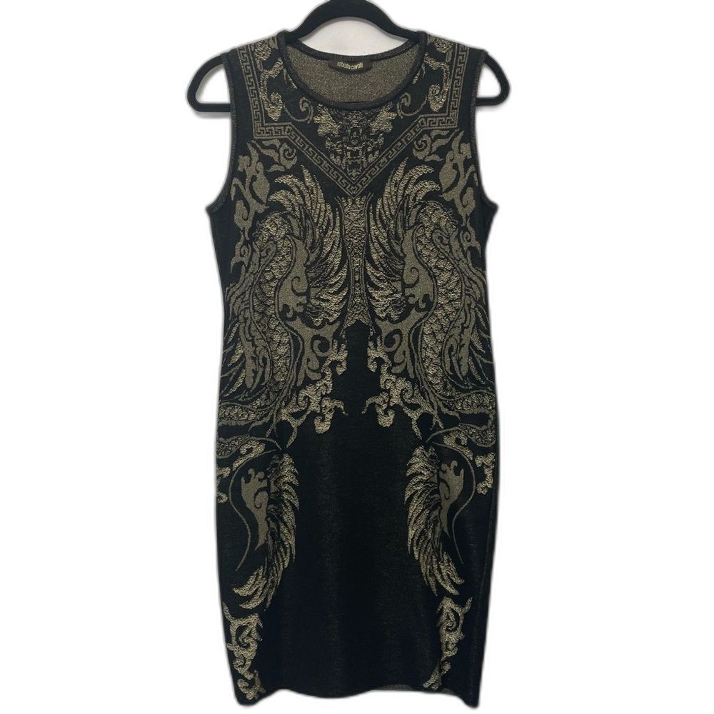 Roberto Cavalli Gold Black Knit Sleeveless Dress size 44